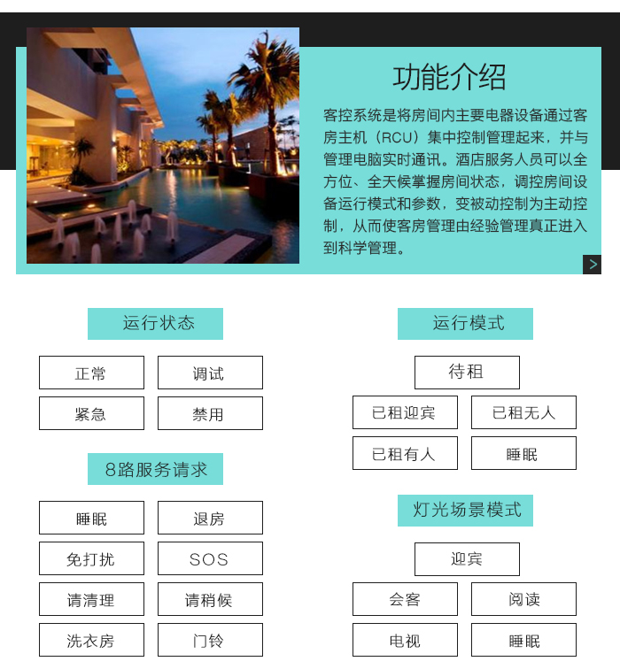 小金库钱包app下载客控系统功效先容，小金库钱包app下载客控系统的四种运行状态，五种运行模式，８路效劳请求，五种灯光场景模式