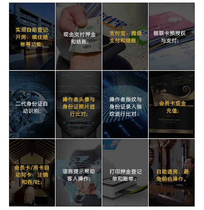 蓝盾桑拿治理软件系统的主要硬件——旅馆自助挂号机的主要功效：实现自主挂号开房，现金支付和结账，支付宝、微信支付和结账，自助退房，身份证自动识别，指纹录入比照，打印挂号单与账单等。